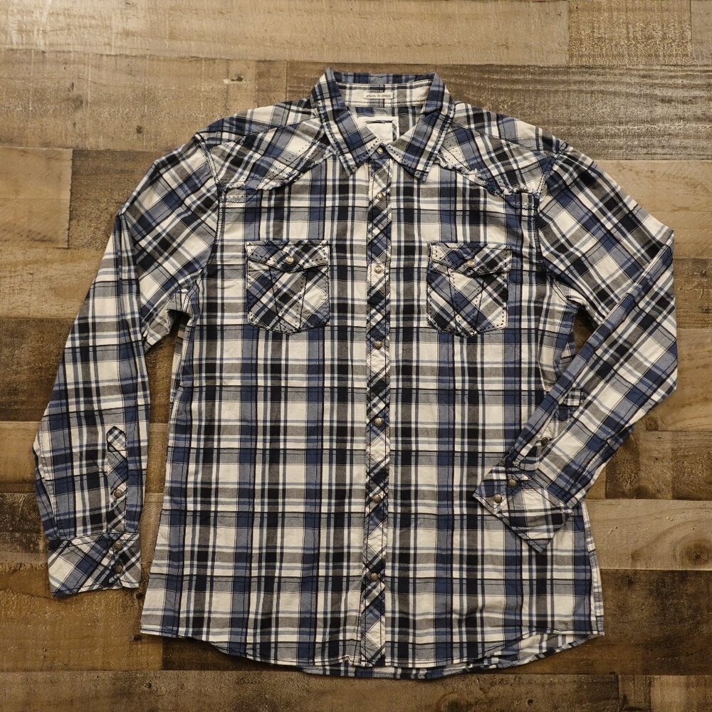 BKE Western Pearl Snap Shirt Men’s XL Blue Plaid Athletic Fit Stretch
